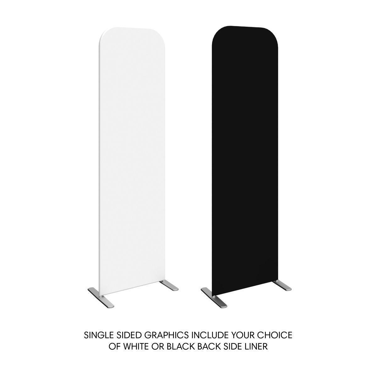 Two tall, slim trade show banners with single-sided graphics and choice of backside liners for exhibitions and events
