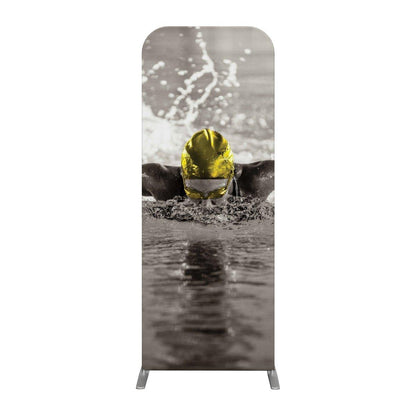 Trade show banner featuring swimmer with cap emerging from water, ideal for exhibitions and events