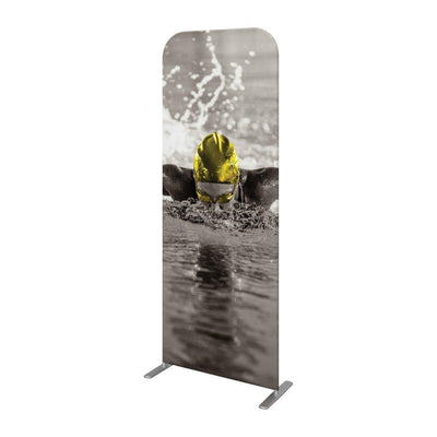 Freestanding trade show banner with swimmer image for exhibitions and special events
