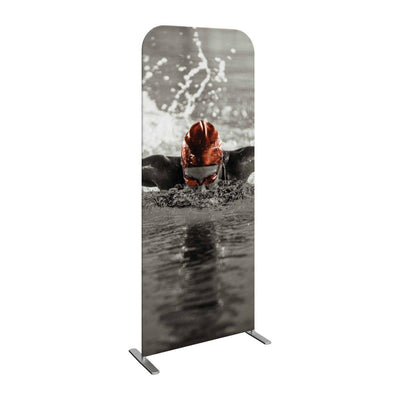 Vertical trade show banner displaying a swimmer in action for exhibitions and events