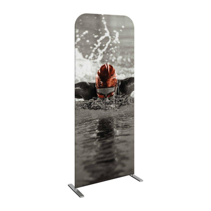 Vertical trade show banner displaying a swimmer in action for exhibitions and events