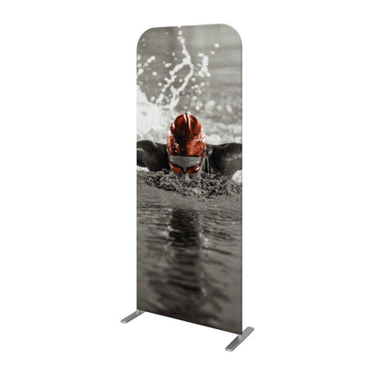 Freestanding banner display featuring a swimmer image, ideal for trade shows and exhibitions