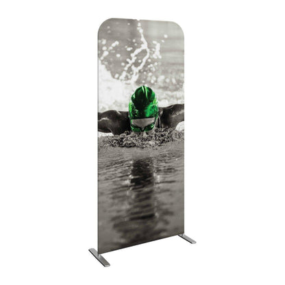 Tall fabric banner display featuring a swimmer in action, ideal for trade shows and exhibitions