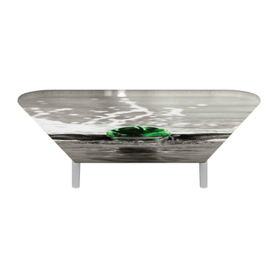 Rectangular promotional table with water droplet graphic, ideal for trade show and event branding