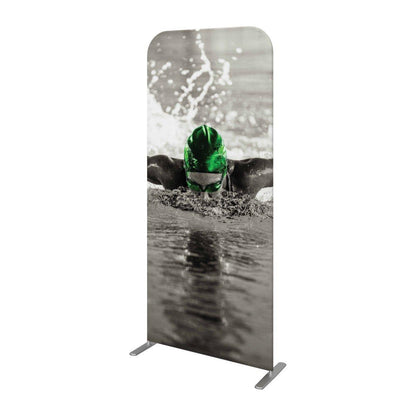 Tall curved banner display featuring a swimmer for trade shows and special event exhibitions