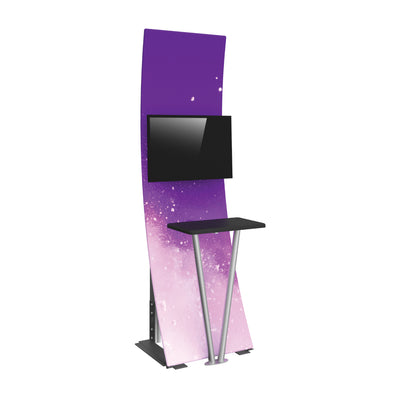 Trade show kiosk with curved graphic panel, mounted screen, and small table surface for exhibitions