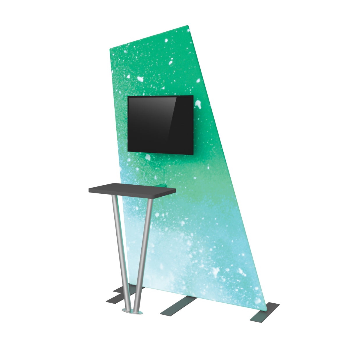 Modern trade show kiosk with angled backdrop, mounted screen, and attached counter for exhibitions