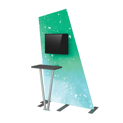 Modern trade show kiosk with angled backdrop, mounted screen, and attached counter for exhibitions