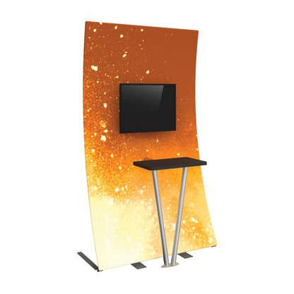 Curved trade show display with built-in monitor and small counter table for exhibitions and events
