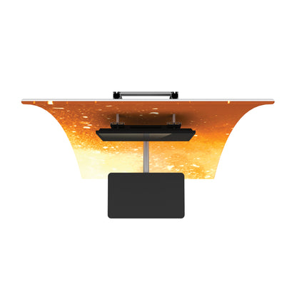 Trade show kiosk display with curved graphic panel and mounted digital screen for exhibitions