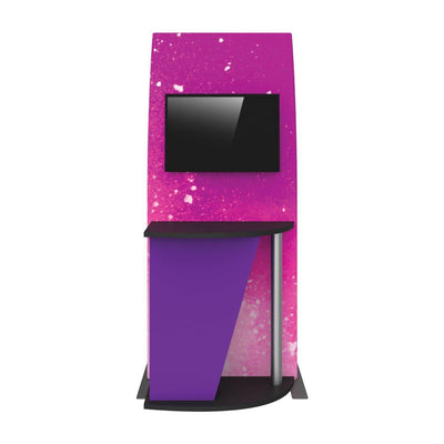 Trade show fabric kiosk with monitor and counter designed for exhibitions and special events
