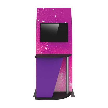 Trade show fabric kiosk with monitor and counter designed for exhibitions and special events