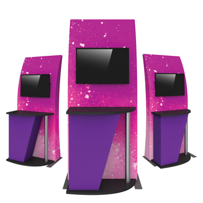 portable kiosk display units with integrated monitors and counter for trade shows and exhibitions