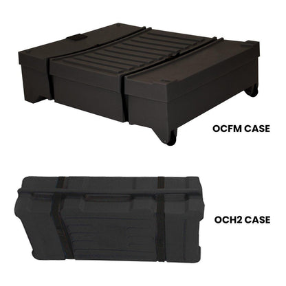 Durable protective transport cases for trade shows and exhibitions labeled OCFM CASE and OCH2 CASE