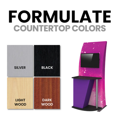 Trade show kiosk with countertop options including silver, black, light wood, and dark wood for exhibitions and special events