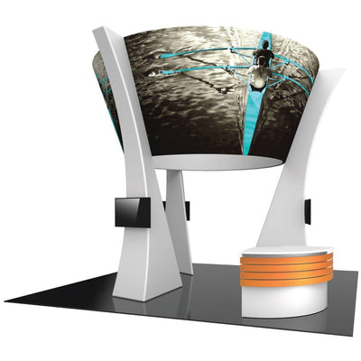 Trade show island exhibit with large curved graphic overhead and multiple displays for events