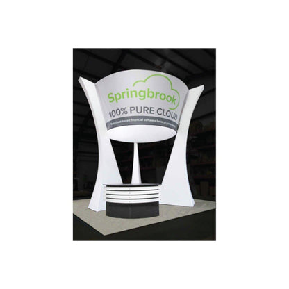 Trade show island booth with curved graphic panels and overhead signage for Springbrook cloud software