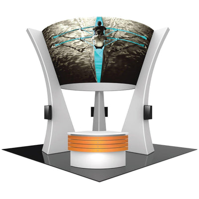 Curved trade show booth with high graphic display and demo counter for exhibitions and events