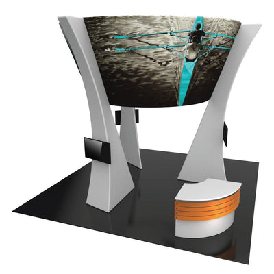 Curved trade show exhibit with large graphic, multiple screens, and reception counter for events