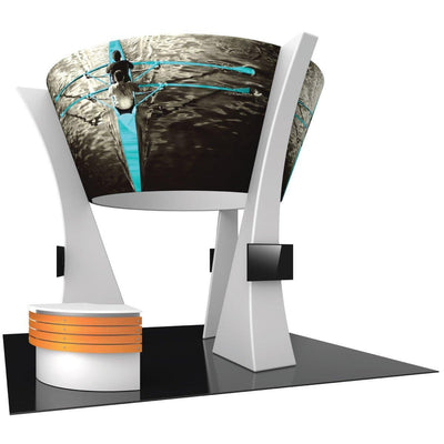 Trade show island exhibit with curved graphic overhead and multimedia displays for events
