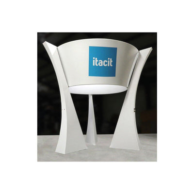 Modern trade show hanging display structure with custom branding and sleek curved supports for exhibitions