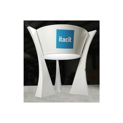 Modern trade show hanging display structure with custom branding and sleek curved supports for exhibitions