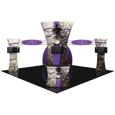 Trade show display booth with large curved panels, integrated flat screens, and modern graphics for exhibitions