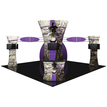 Trade show display booth with large curved panels, integrated flat screens, and modern graphics for exhibitions