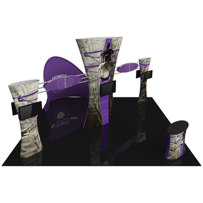 Trade show island display kit with tall curved structures, mounted screens, and branded graphics for events