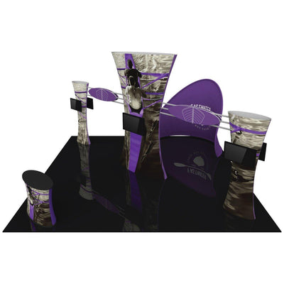 Trade show island exhibit kit with curved towers, overhead signage, and monitor displays for events