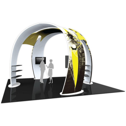 Modern curved trade show booth with integrated shelves and display screens for exhibitions