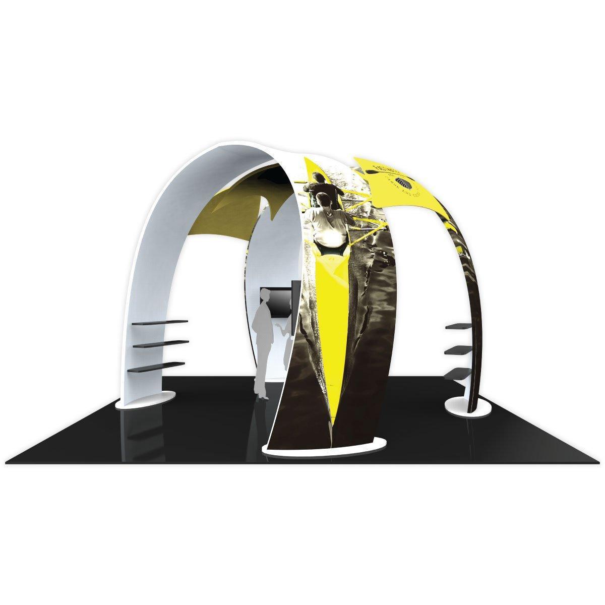 Curved trade show island exhibit booth with graphic panels, built-in shelves, and display screen