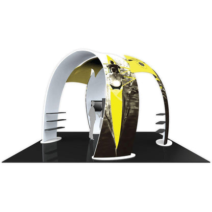 Curved trade show island exhibit booth with graphic panels, built-in shelves, and display screen