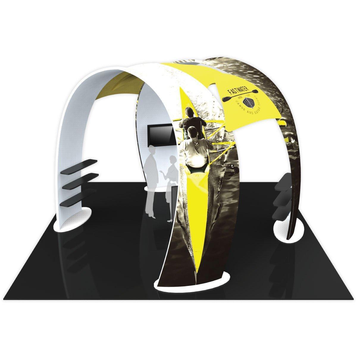 Trade show island exhibit with curved arches, graphic panels, shelves, and a monitor for exhibitions