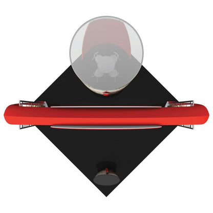 Top view of a trade show island booth setup with round table, chairs, and curved counters on black flooring