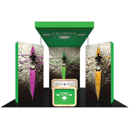 Trade show island booth with large kayak-themed graphics and branded reception counter for exhibitions