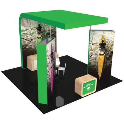 Trade show booth with large graphic panels of rowing scene and seating area for exhibitions and events