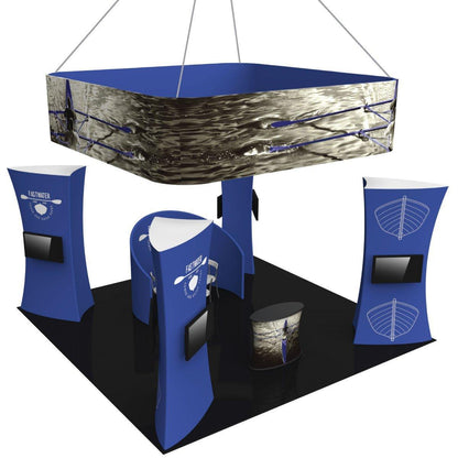Trade show island kit featuring curved fabric displays with mounted screens and overhead hanging banner