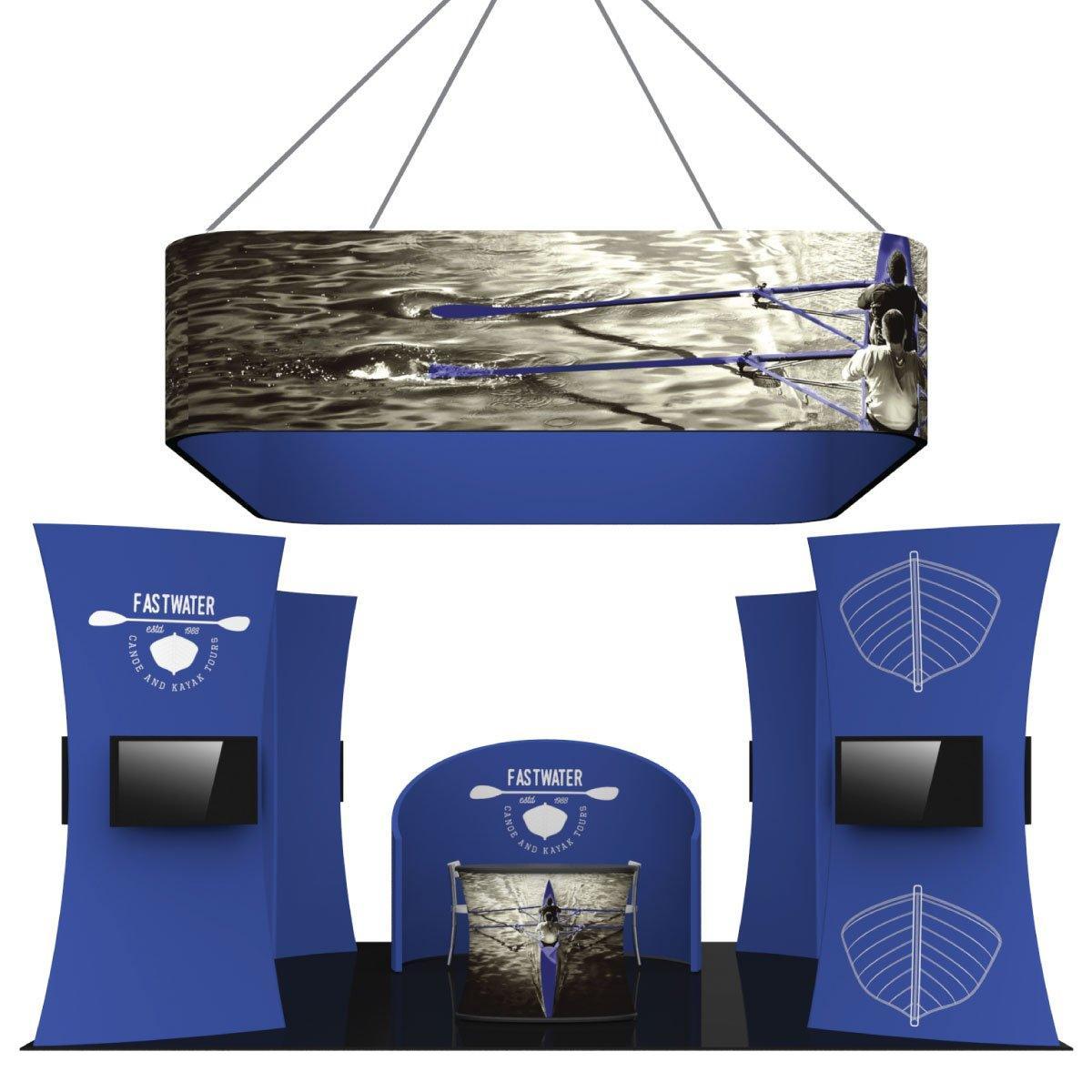 Trade show island kit with branded fabric displays, overhead hanging sign, and monitor stands for exhibitions