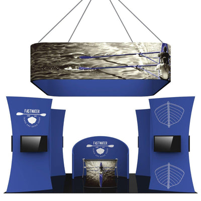 Trade show island kit with branded fabric displays, overhead hanging sign, and monitor stands for exhibitions