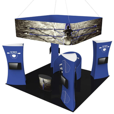 Custom trade show island kit with hanging display, counters, and branded kiosks for exhibitions and events