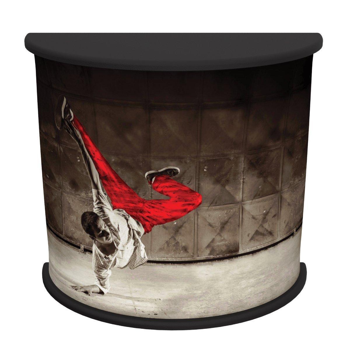 Curved trade show counter with dynamic dancer graphic, ideal for exhibitions and events