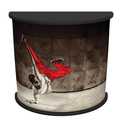 Curved trade show counter with dynamic dancer graphic, ideal for exhibitions and events