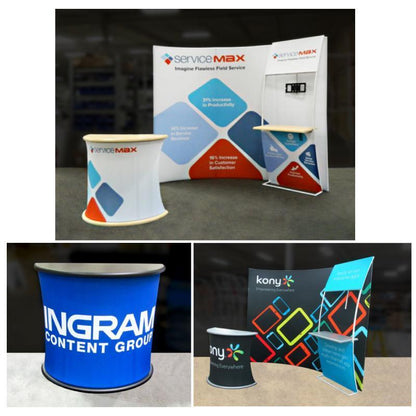 Trade show display stands and counters with branded graphics for exhibitions and special events