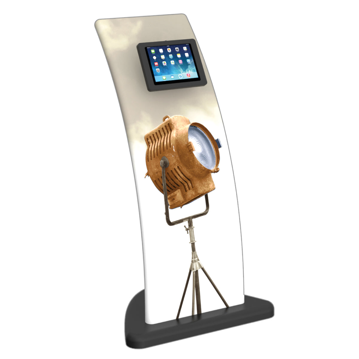 curved trade show kiosk with built-in tablet display and vintage spotlight image for events