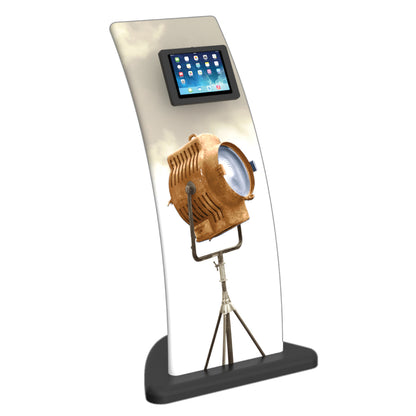 curved trade show kiosk with built-in tablet display and vintage spotlight image for events