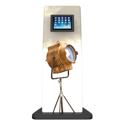 Interactive trade show kiosk featuring mounted tablet and vintage spotlight graphic for exhibitions