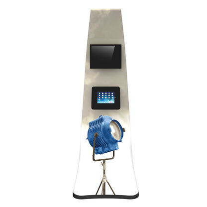 Interactive kiosk with mounted tablet and screen for trade shows and exhibitions