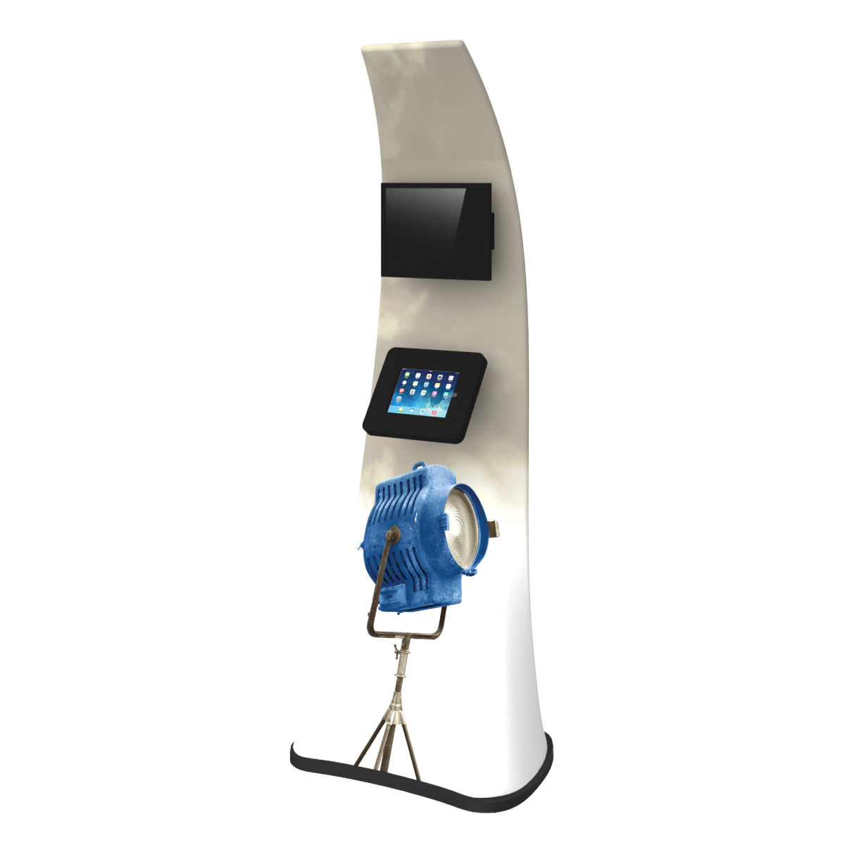 Curved interactive kiosk with mounted tablet and monitor, designed for trade shows and events