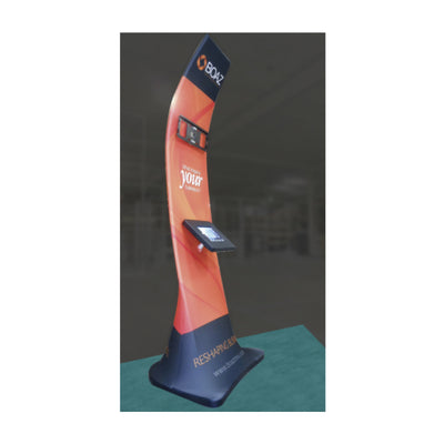 Curved interactive kiosk with tablet and camera setup for trade shows and exhibitions